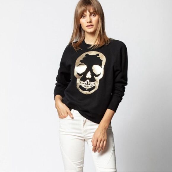ZADIG & VOLTAIRE Upper Skull Gold and Black Cotton Pullover Sweatshirt SMALL - Picture 1 of 9